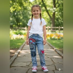 Upcycled GIRLS Denim Jeans  By Molly Made It with Fun Birds, Pockets And Words